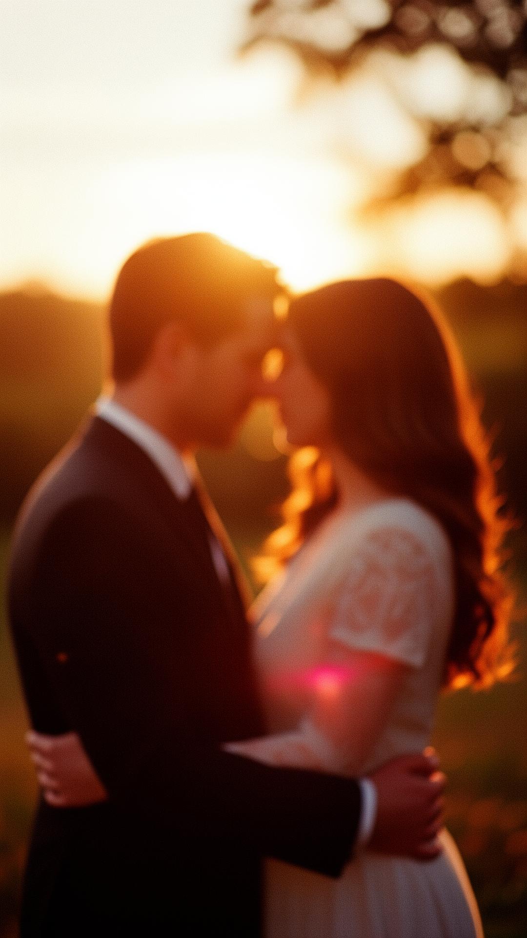 Casal abraçado ao pôr do sol